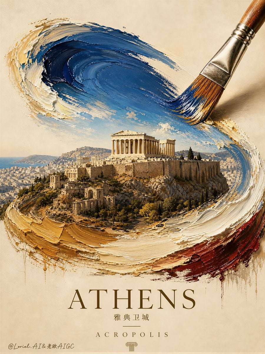 Acropolis Oil Brush Stroke Poster