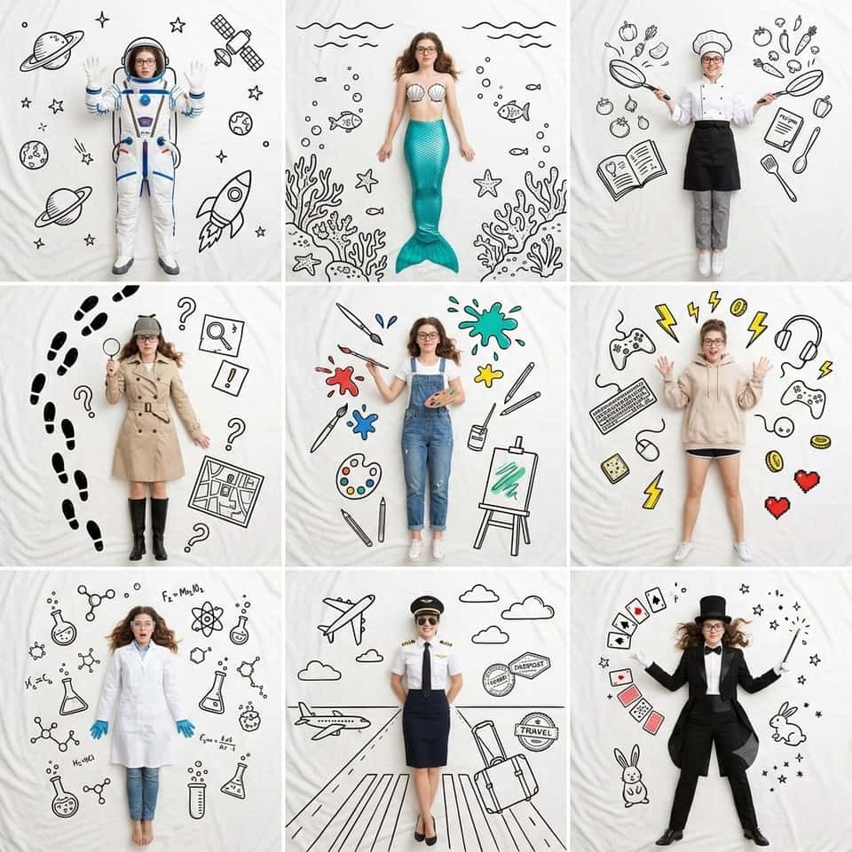 AI Collage Template Woman Doodle Stories