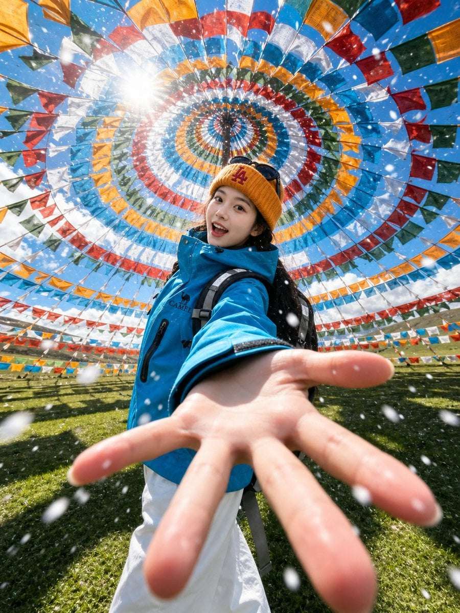 Alpine Meadow Prayer Flag Selfie Portrait
