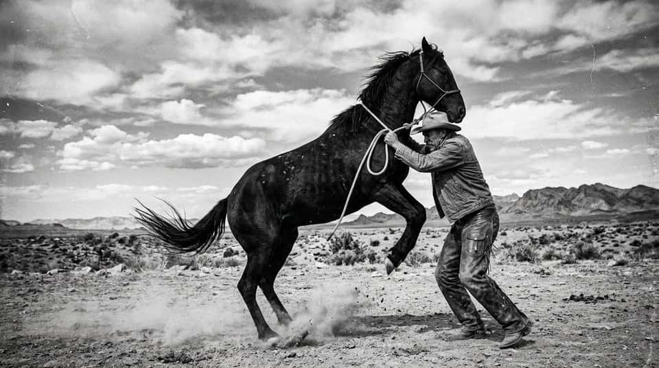 Black and White Cowboy Horse Desert Photo