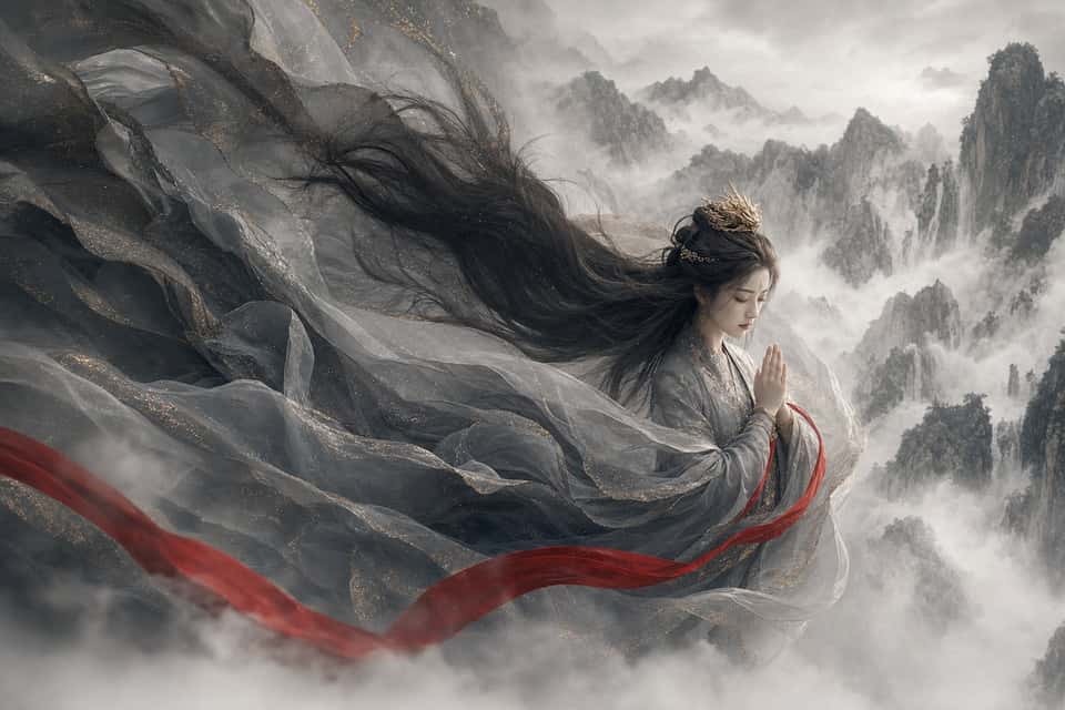 Cinematic Chinese Goddess Ink Landscape Prompt