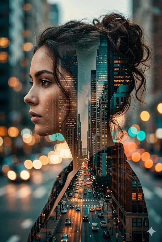 Cinematic Double Exposure Hollywood Actress Portrait