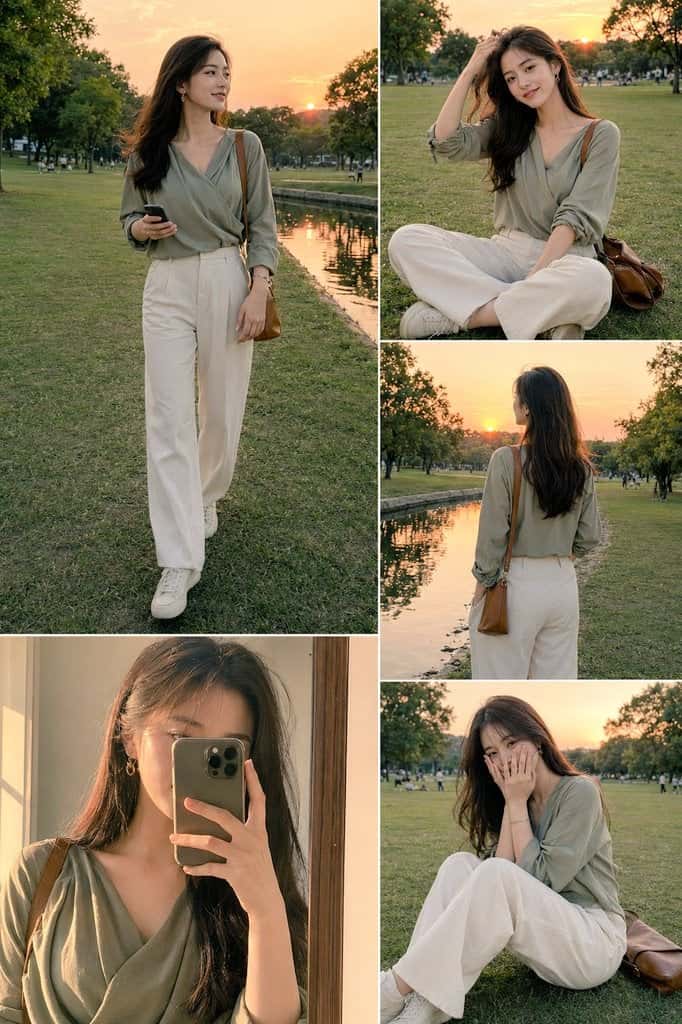 Cinematic Fashion Collage Asian Woman Park