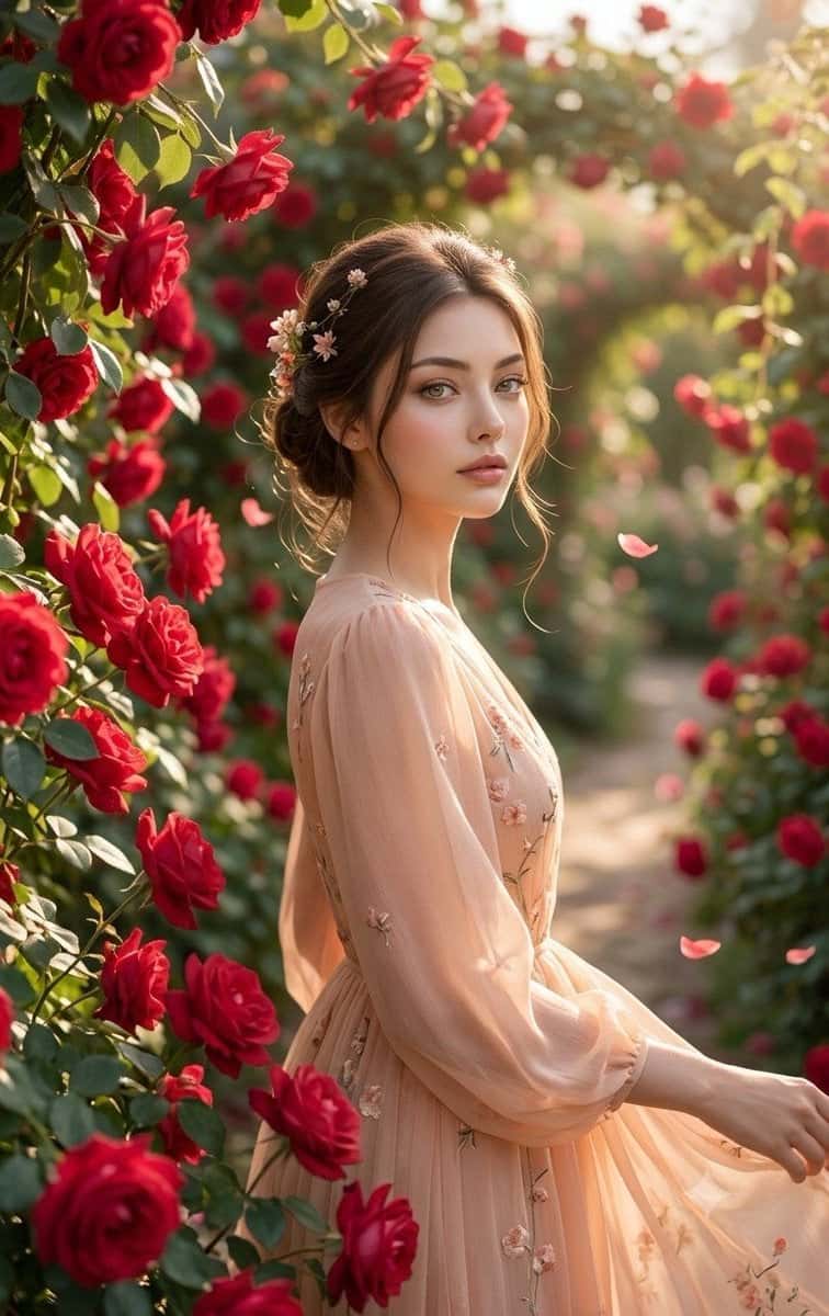 Cinematic Korean Girl Rose Garden Portrait