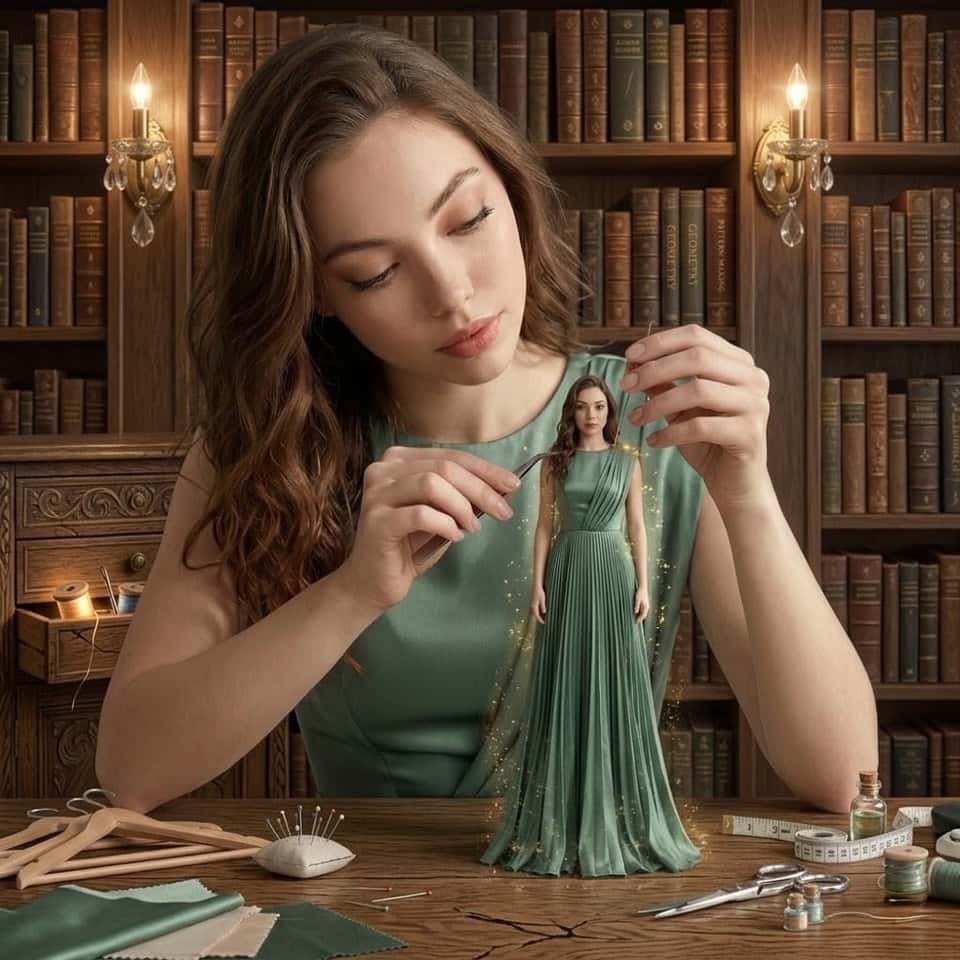 Cinematic Miniature Woman Library AI Art