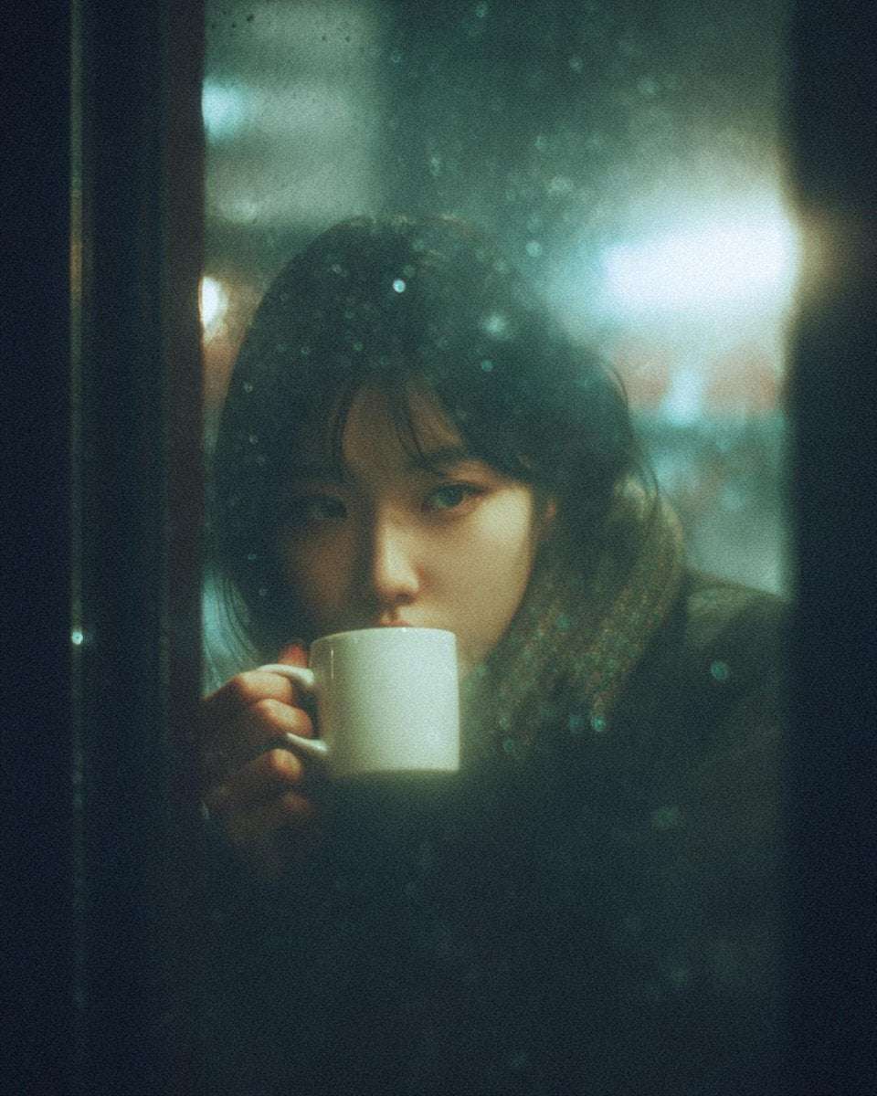 Cinematic Rainy Cafe Window Portrait