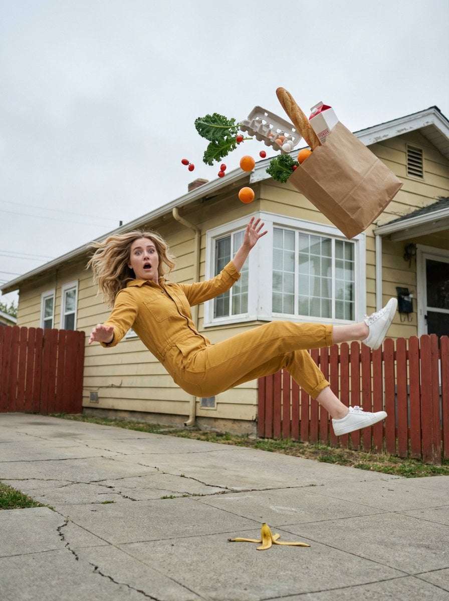 Cinematic Realism Falling Woman Grocery Chaos