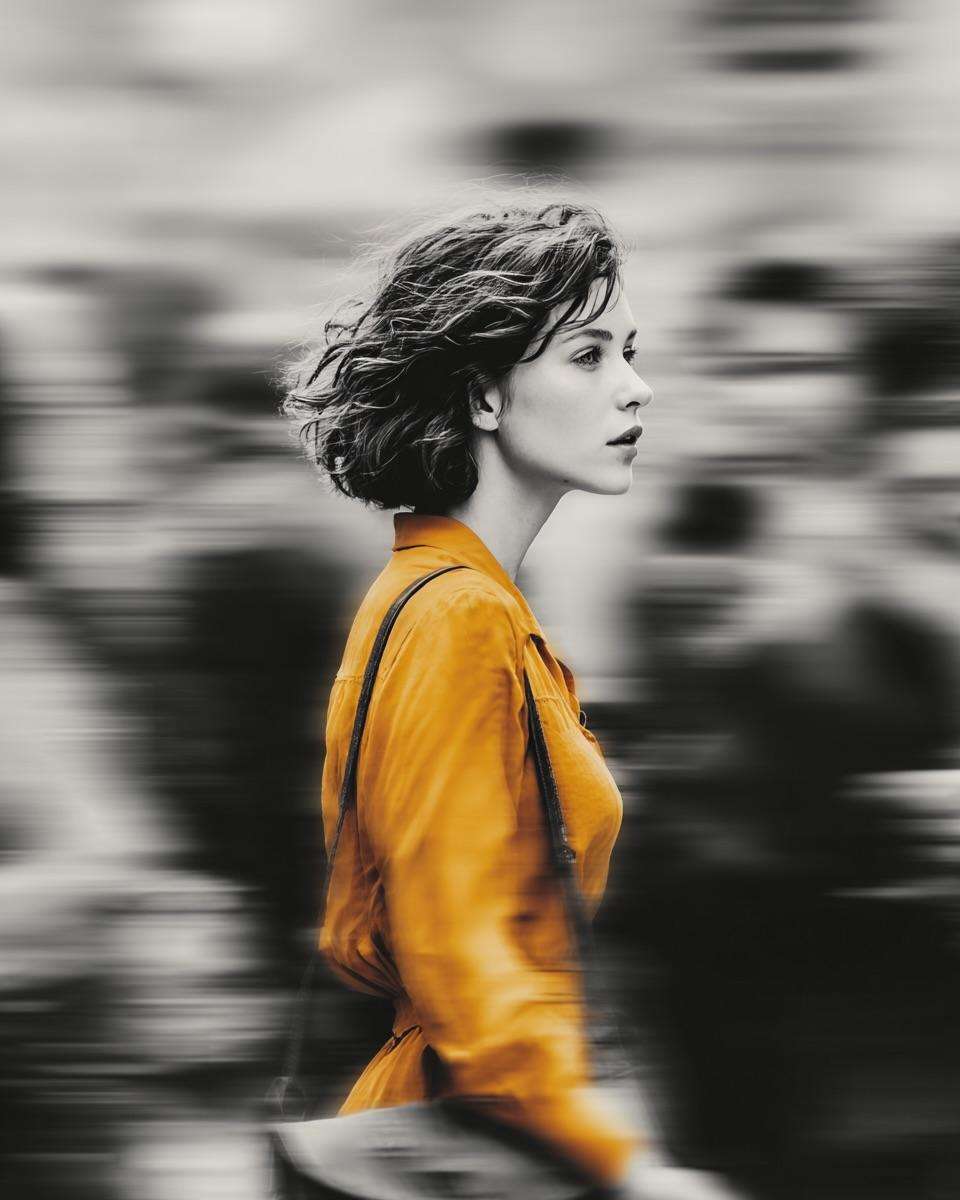 Cinematic Street Portrait Selective Color Yellow Coat