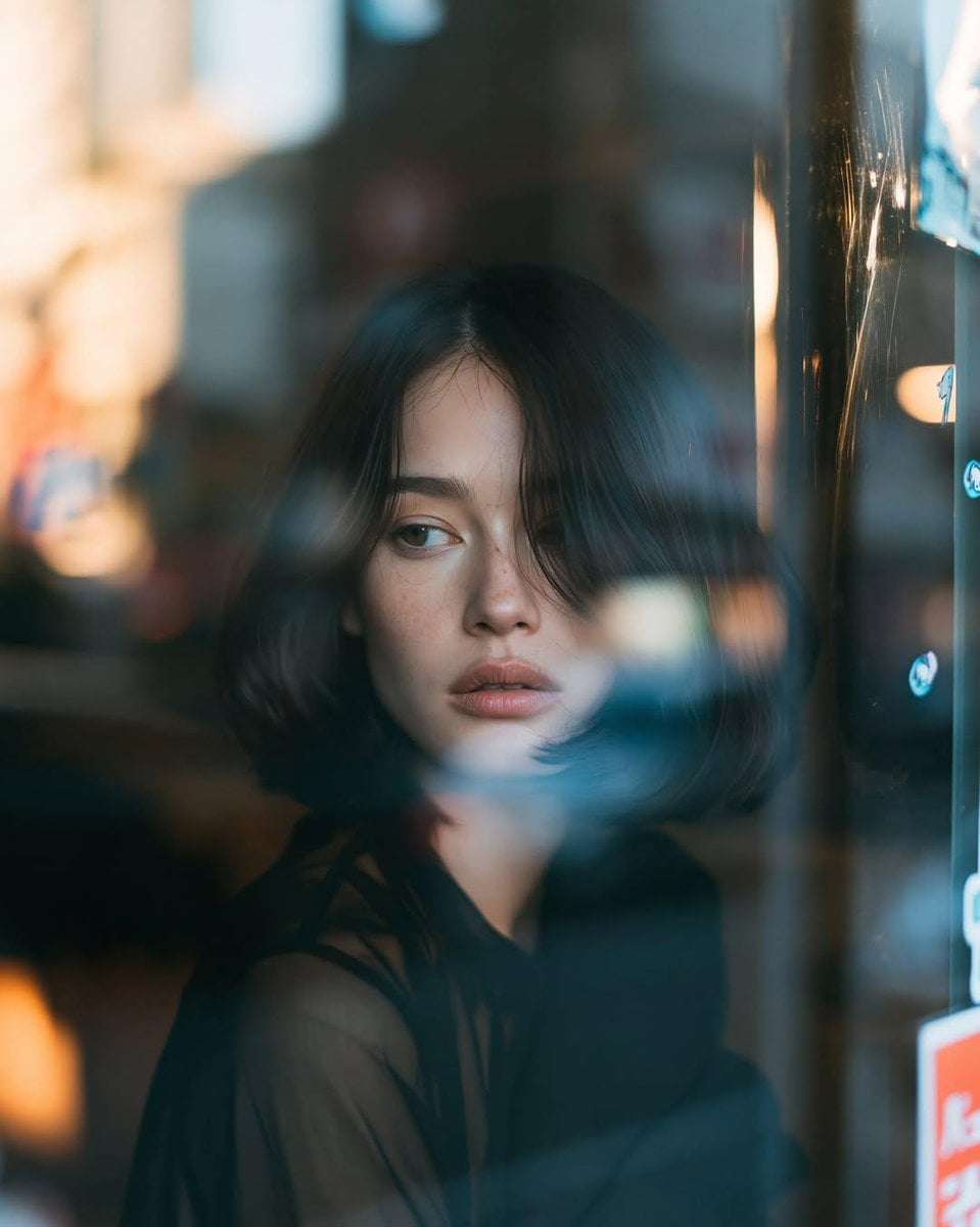 Cinematic Urban Cafe Portrait Reflections