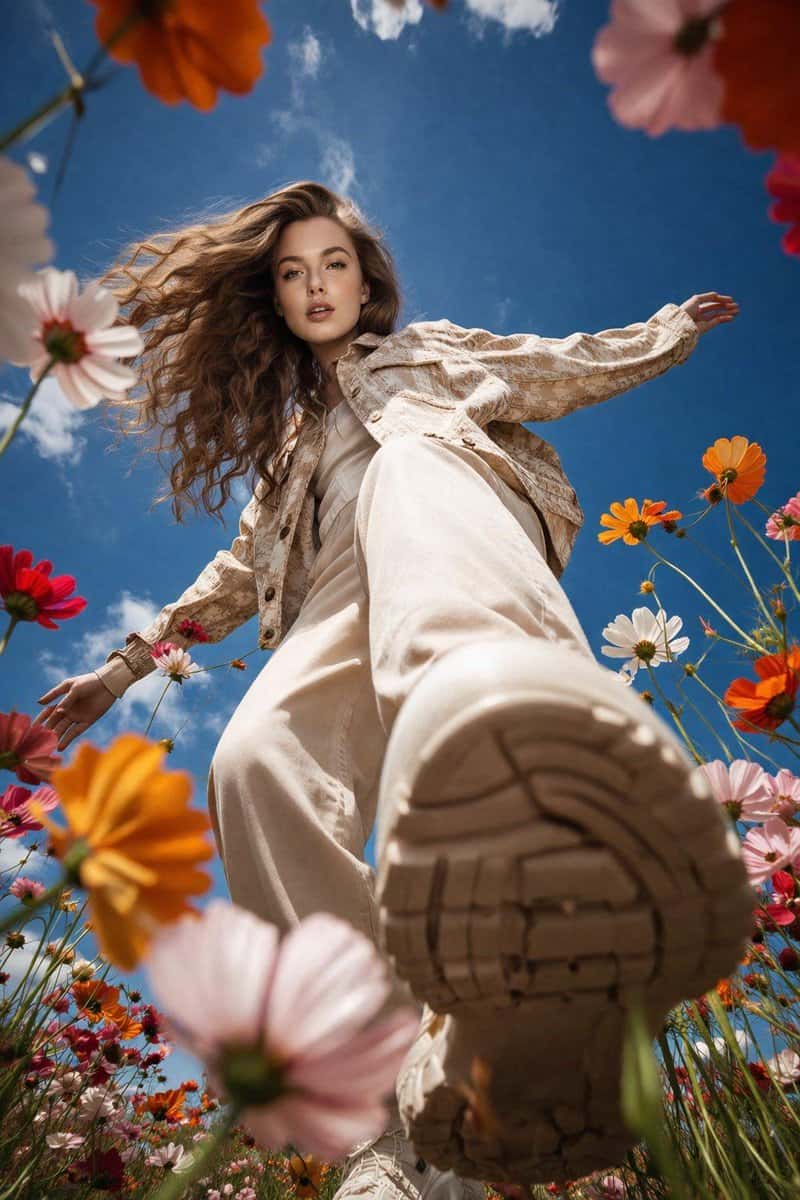 Cinematic Woman Flower Field Low Angle