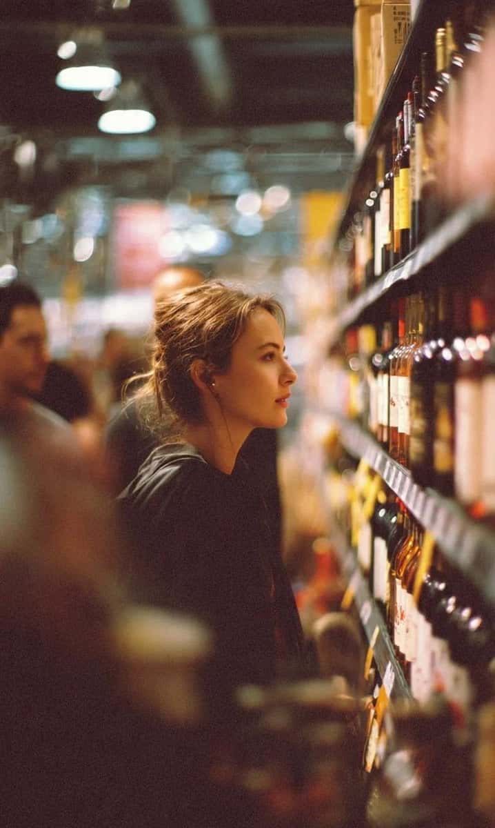 Cinematic Woman Wine Aisle Portrait