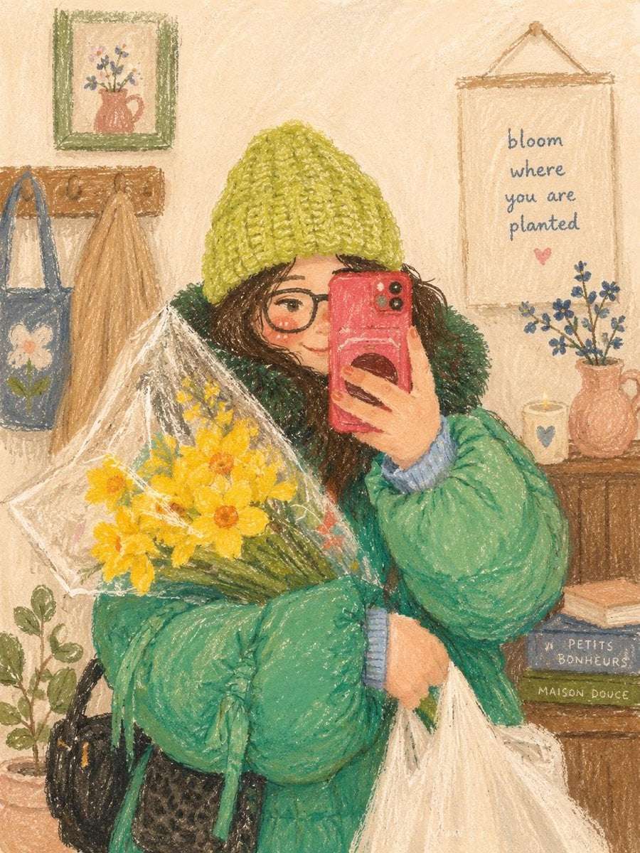 Cozy Girl Selfie Oil Pastel Illustration