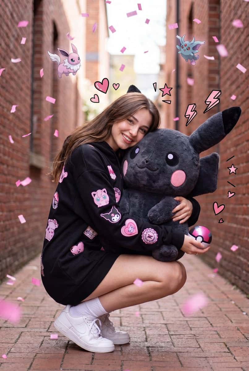 Cute Woman Pikachu Plush Alleyway Portrait