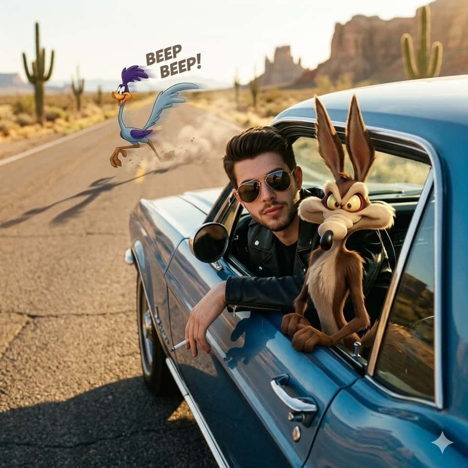 Desert Highway Man Coyote Car