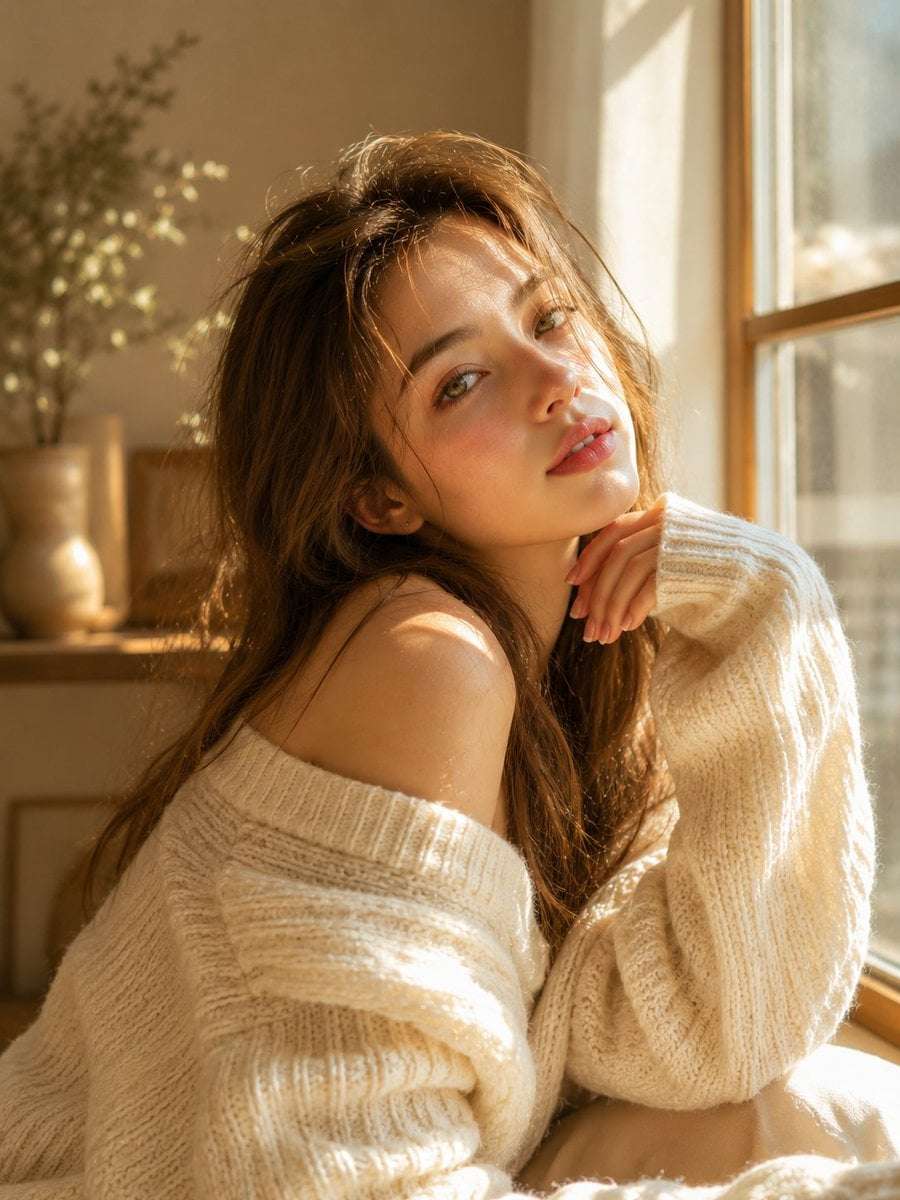 Dreamy Sunlit Portrait Woman Cozy Sweater