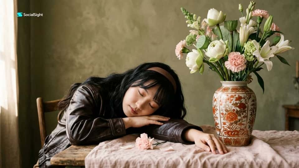 East Asian Woman Resting Beside Floral Vase Portrait