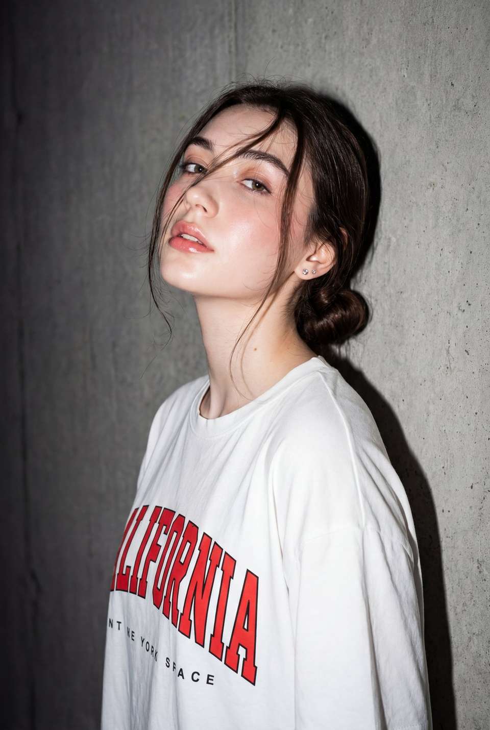 Editorial Portrait Young Woman Concrete Wall Flash