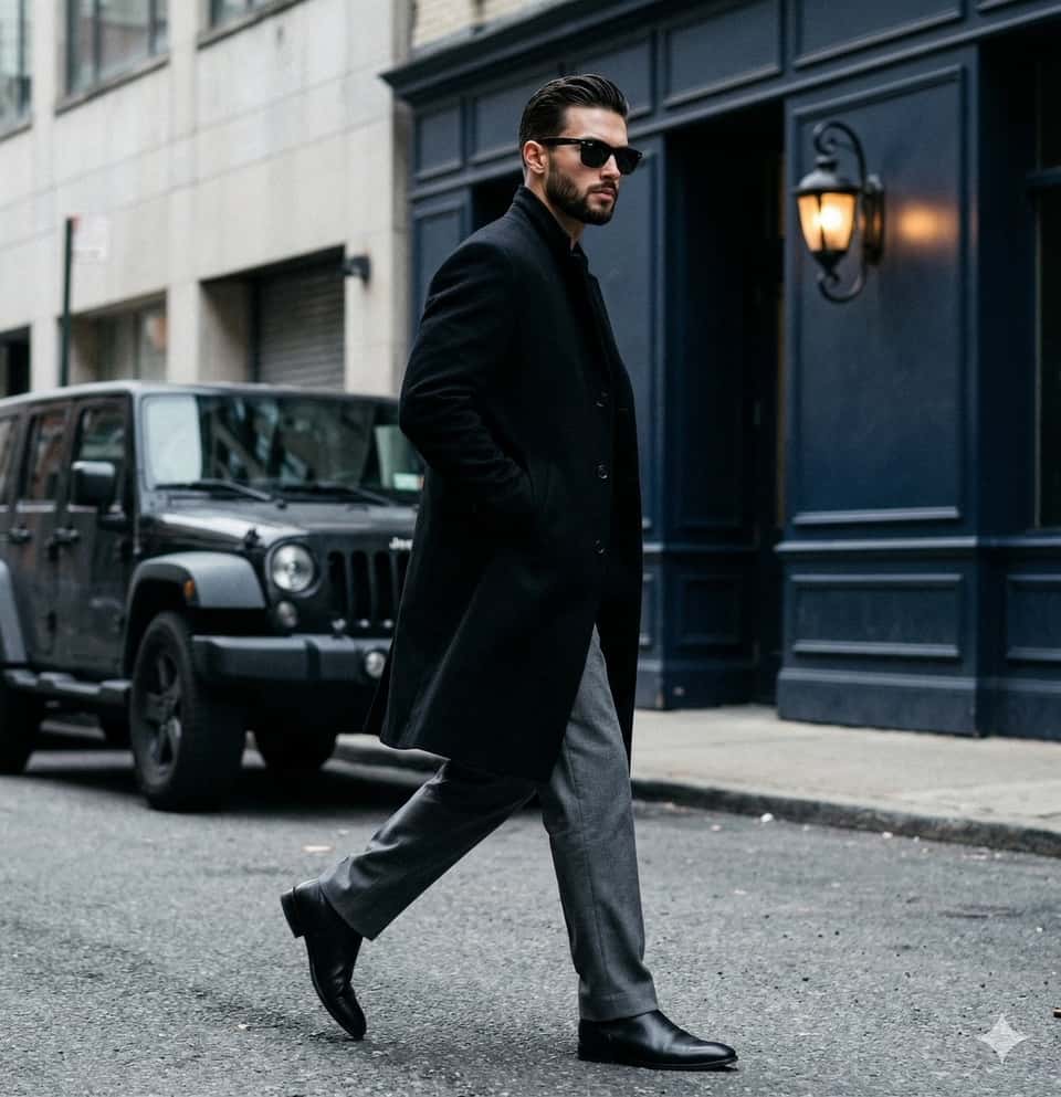 Editorial Street Style Man Black Overcoat