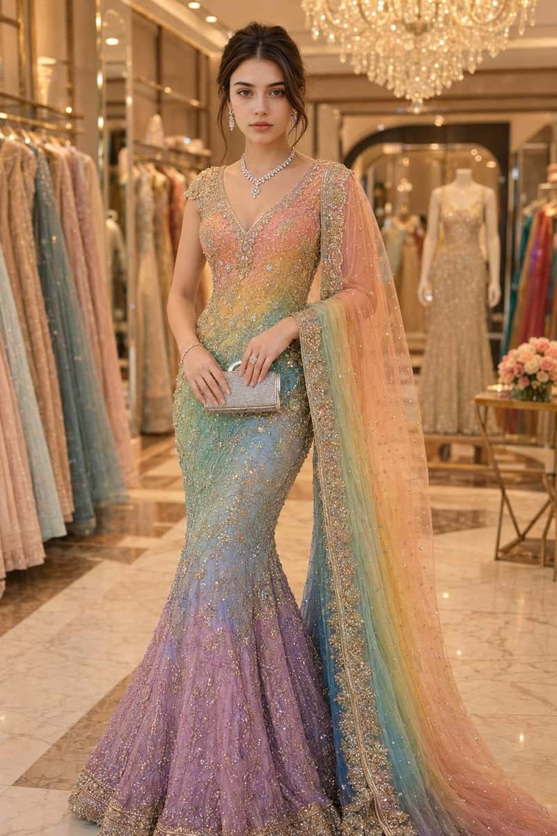 Elegant Girl Rainbow Saree Gown Fashion Photo