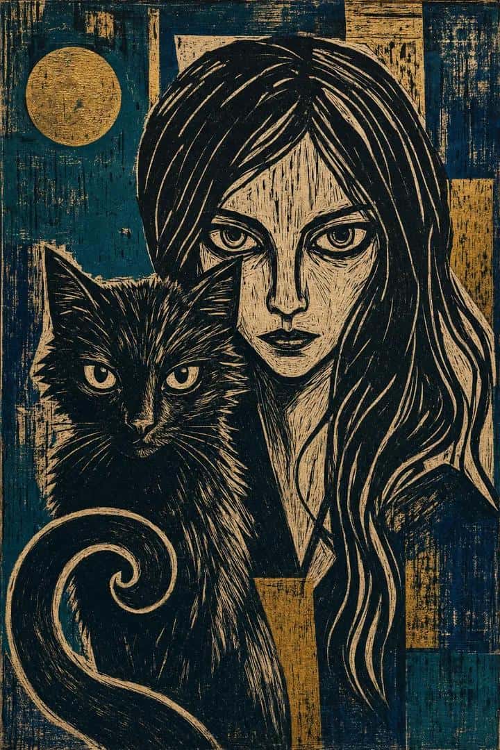 Expressionist Linocut Woman Black Cat