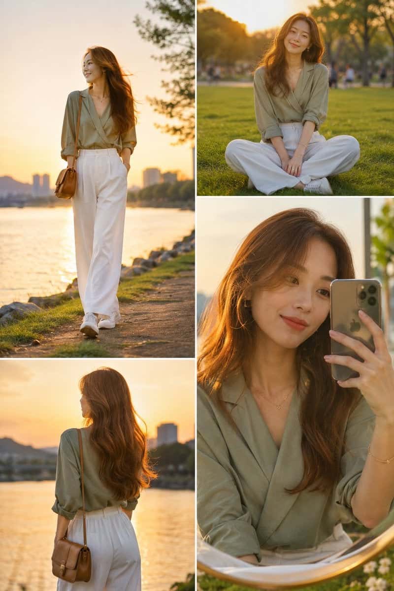 Fashion Editorial East Asian Woman Park Sunset
