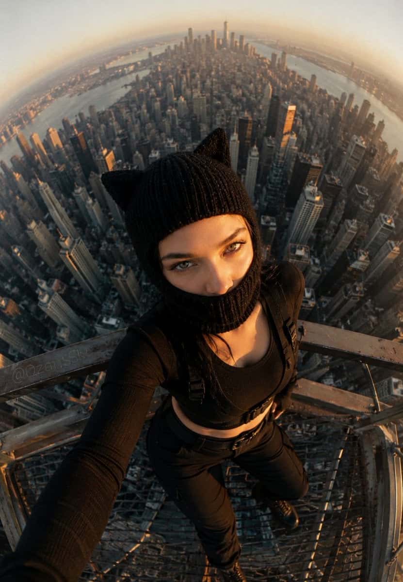Fisheye Balaclava Woman Cityscape Prompt