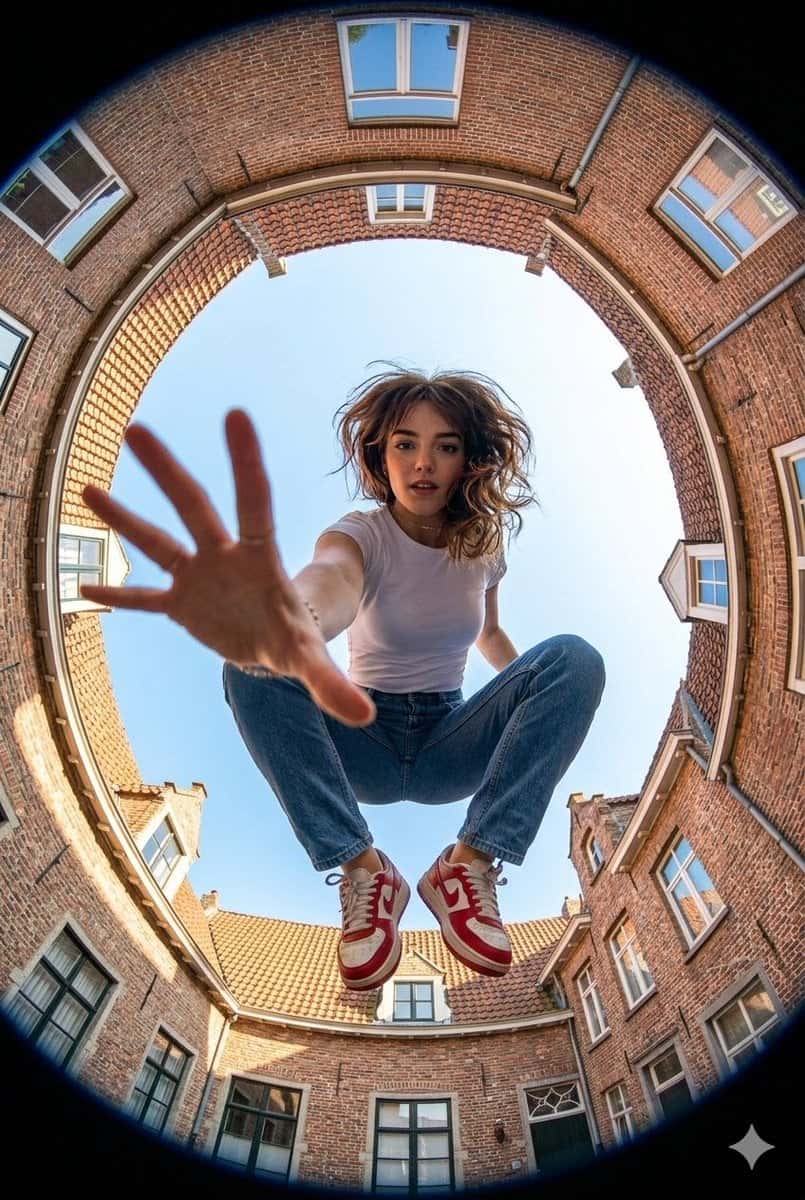 Fisheye Woman Mid-Air Brick Frame