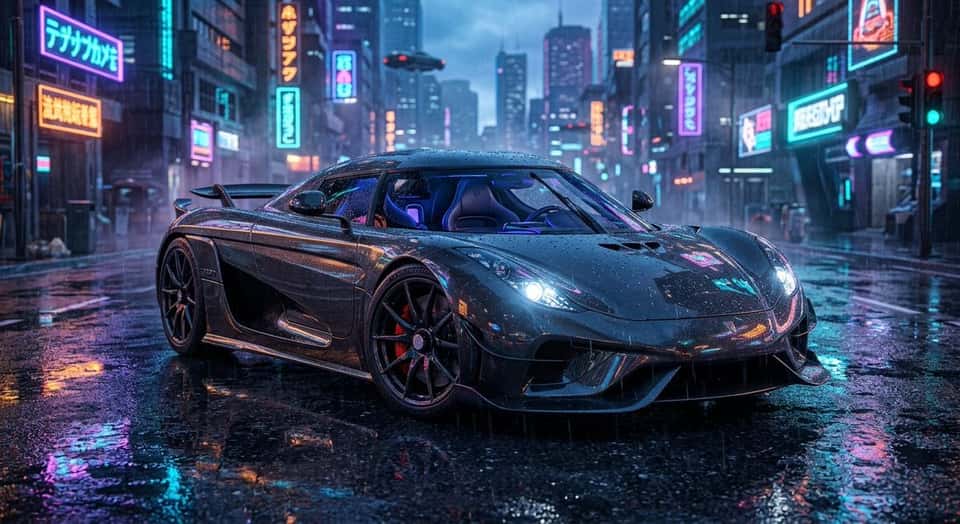 Futuristic Supercar Cyberpunk City Rain
