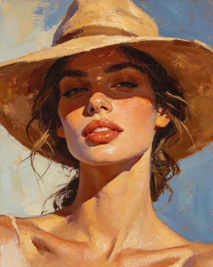 Impressionist Oil Portrait Woman Hat
