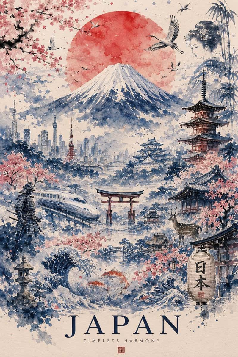 Japan Travel Poster Watercolor Sumi-e Style
