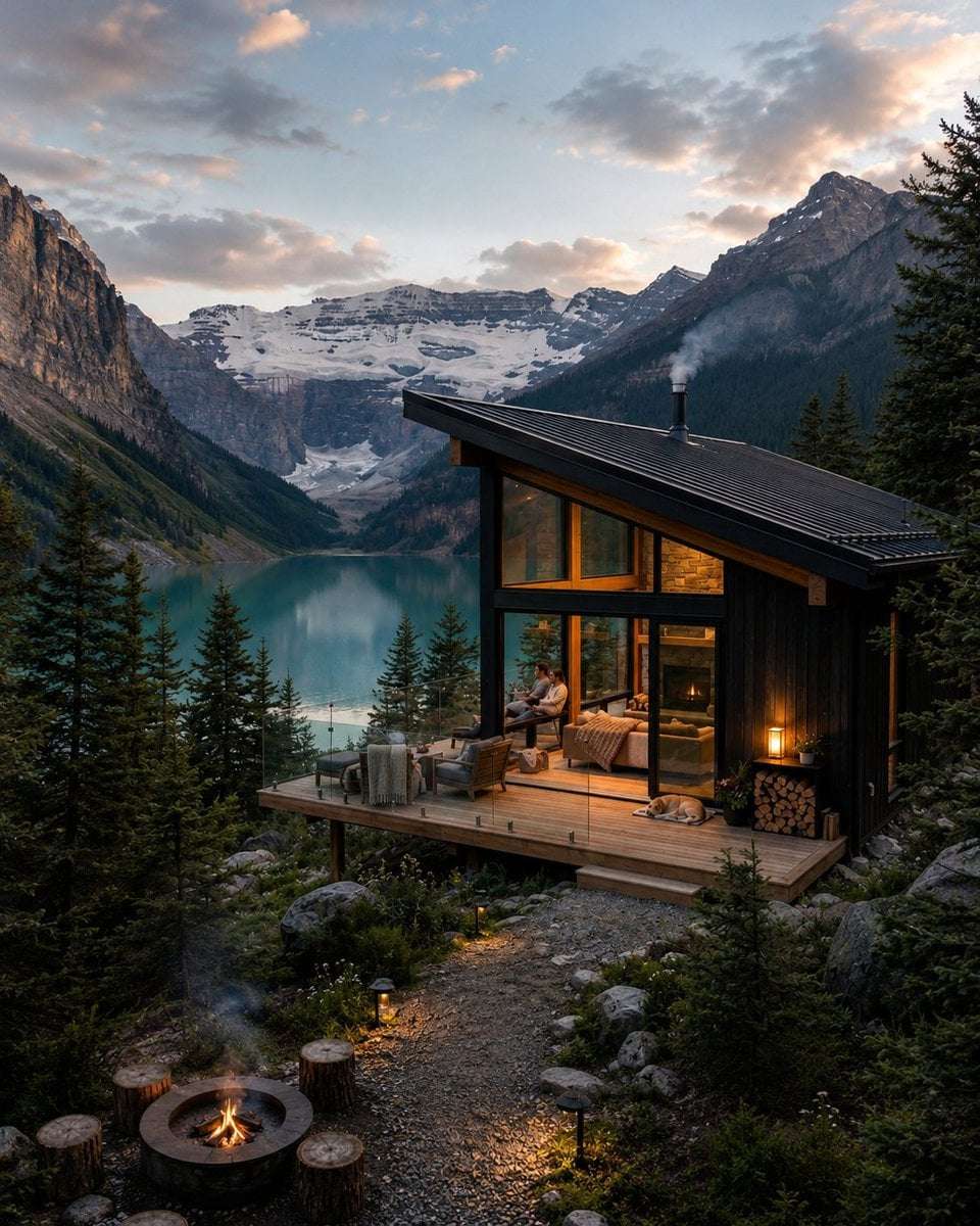 Luxury Mountain Cabin Alpine Lake Sunset