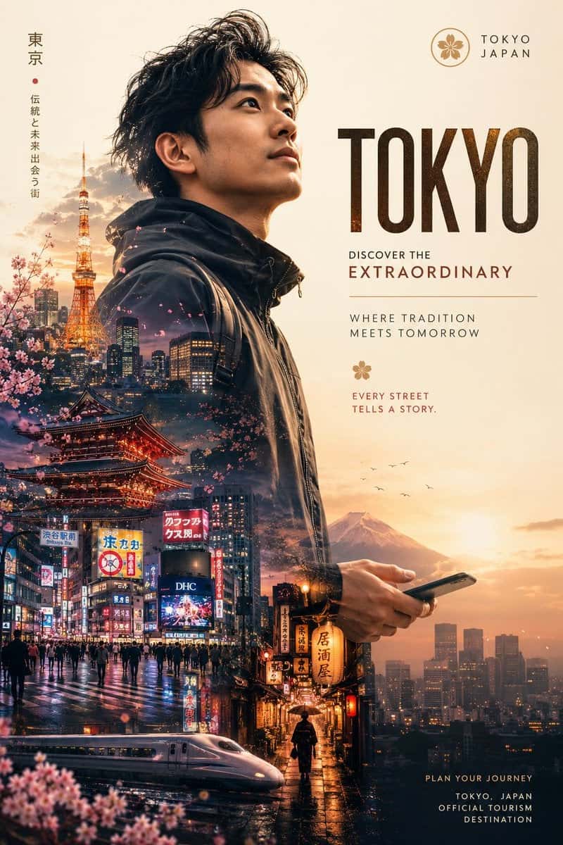 Luxury Tokyo Travel Poster Double Exposure