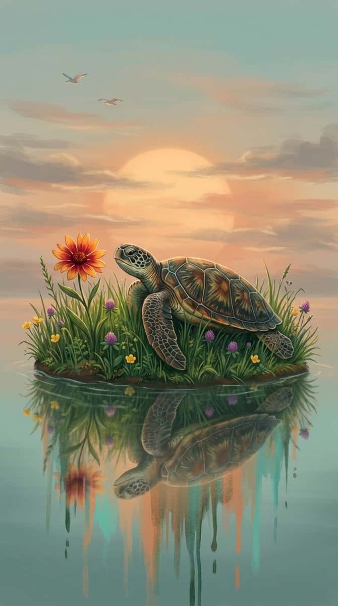 Magical Turtle Twilight Riverbank Illustration