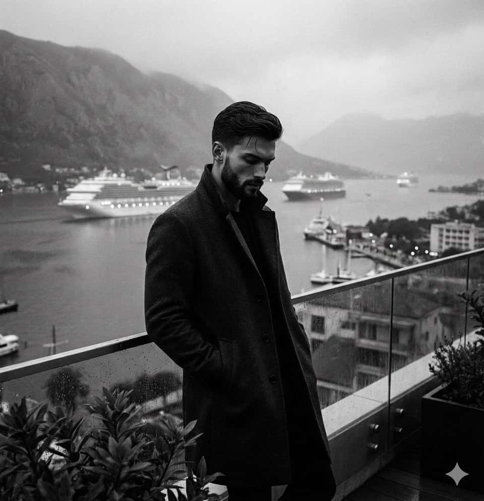 Man Overcoat Foggy Bay Cruise Ships