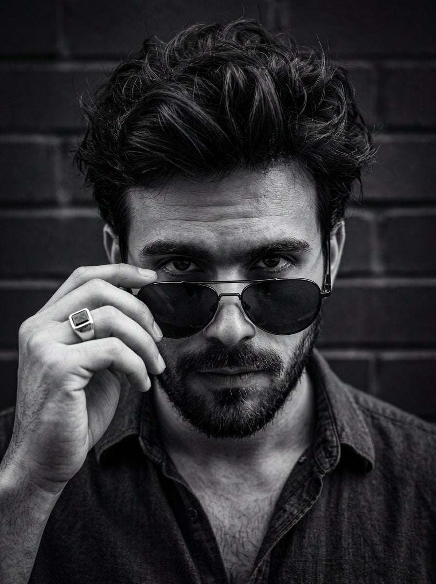 Man Portrait Aviator Sunglasses Signet Ring