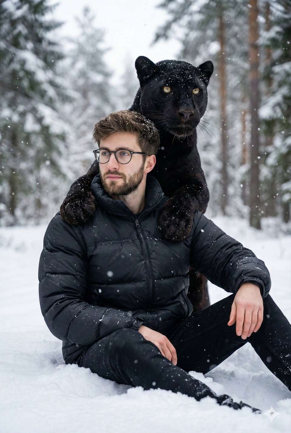 Man With Panther Snow Forest