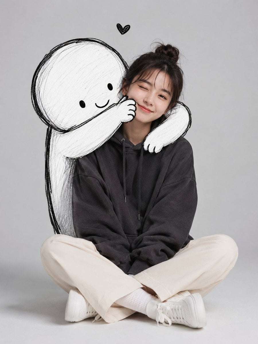 Minimalist Portrait Cute Woman Doodle Hug