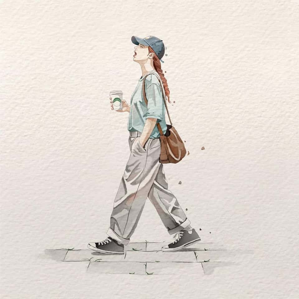 Minimalist Watercolor Woman Coffee Walk