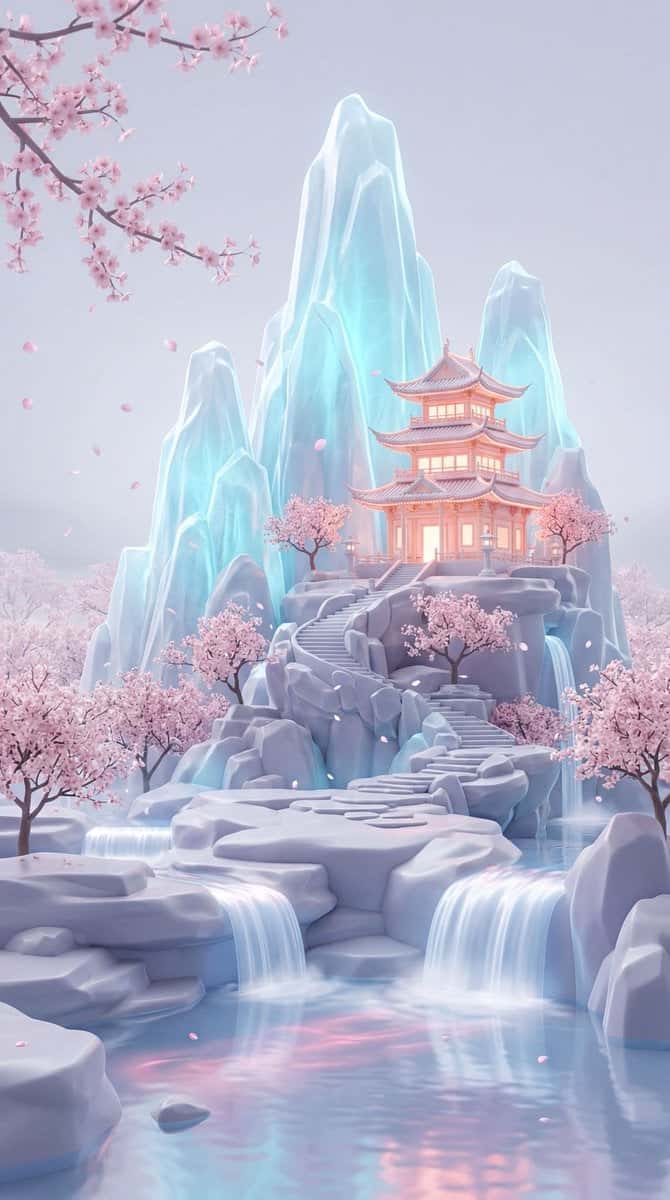 Pastel Fantasy Pagoda Ice Mountain Landscape