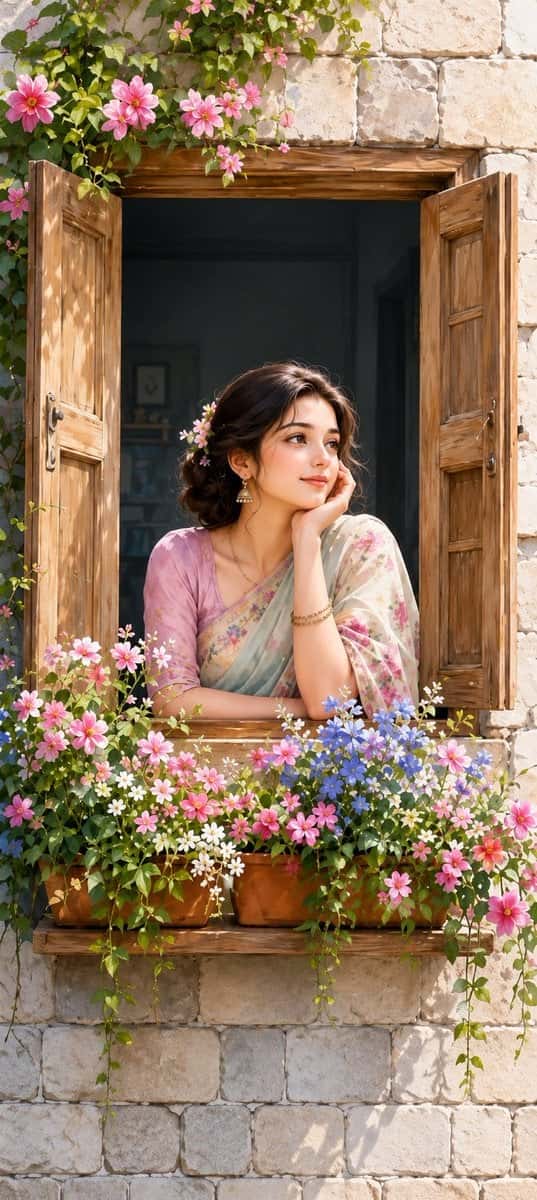 Pastel Floral Saree Cottagecore Portrait