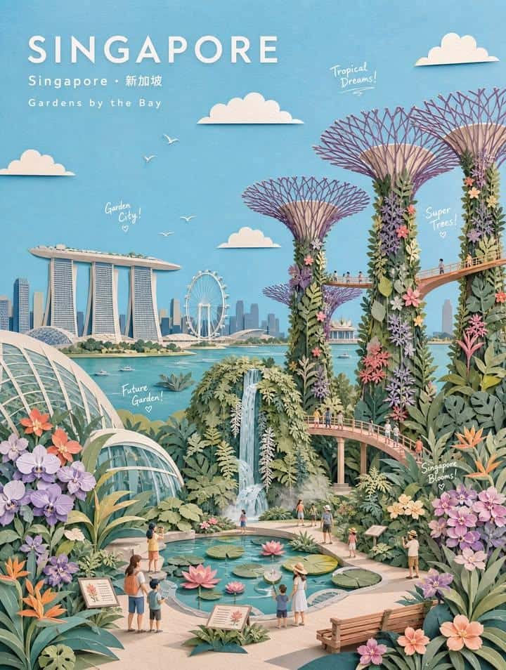 Pastel Paper Collage Botanical Travel Poster