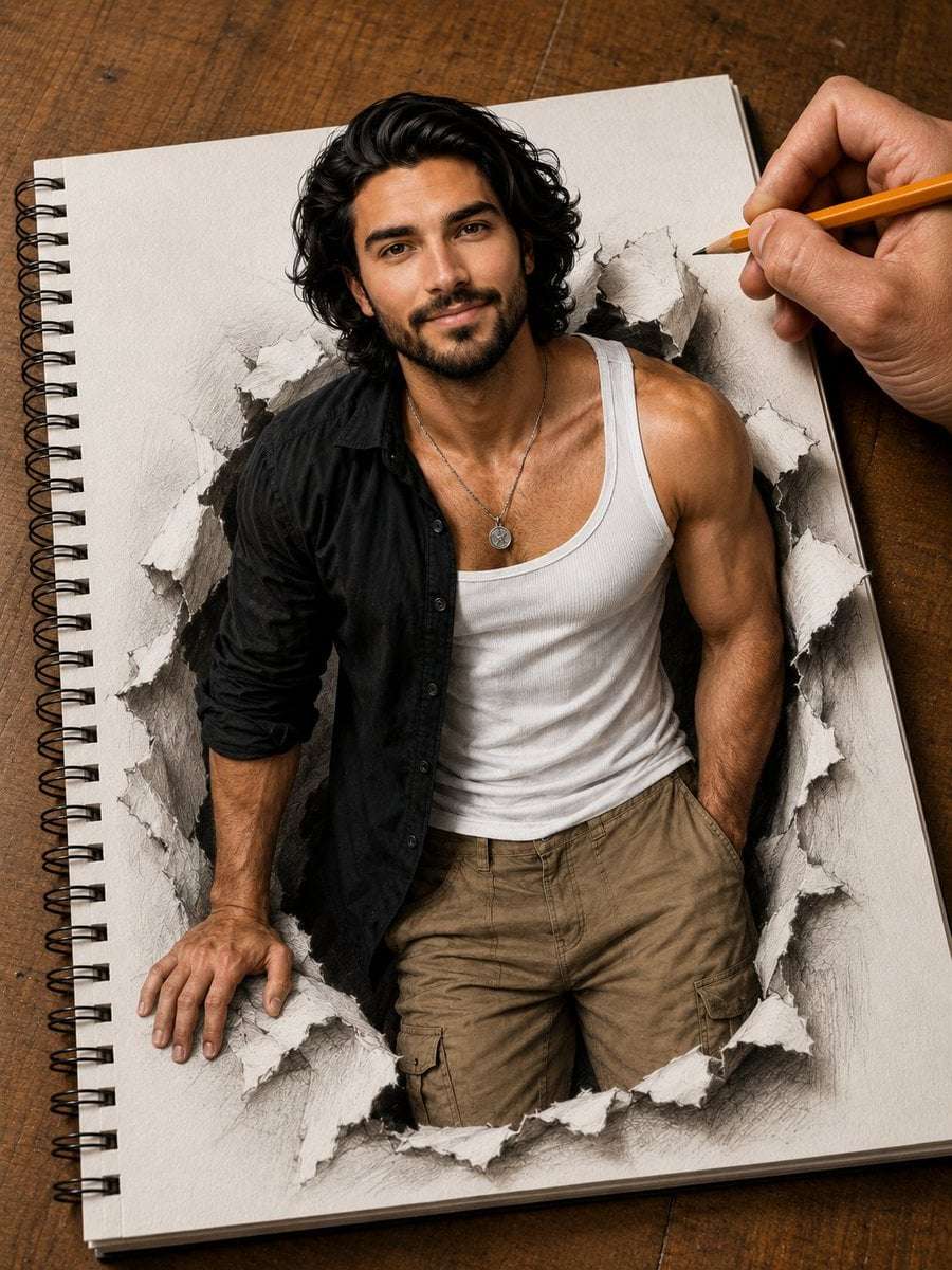 Photorealistic Man Escaping Sketchbook