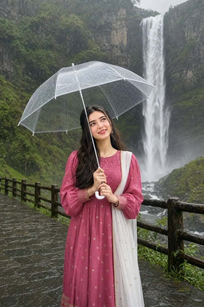 Photorealistic Woman Waterfall Rainy Day Portrait