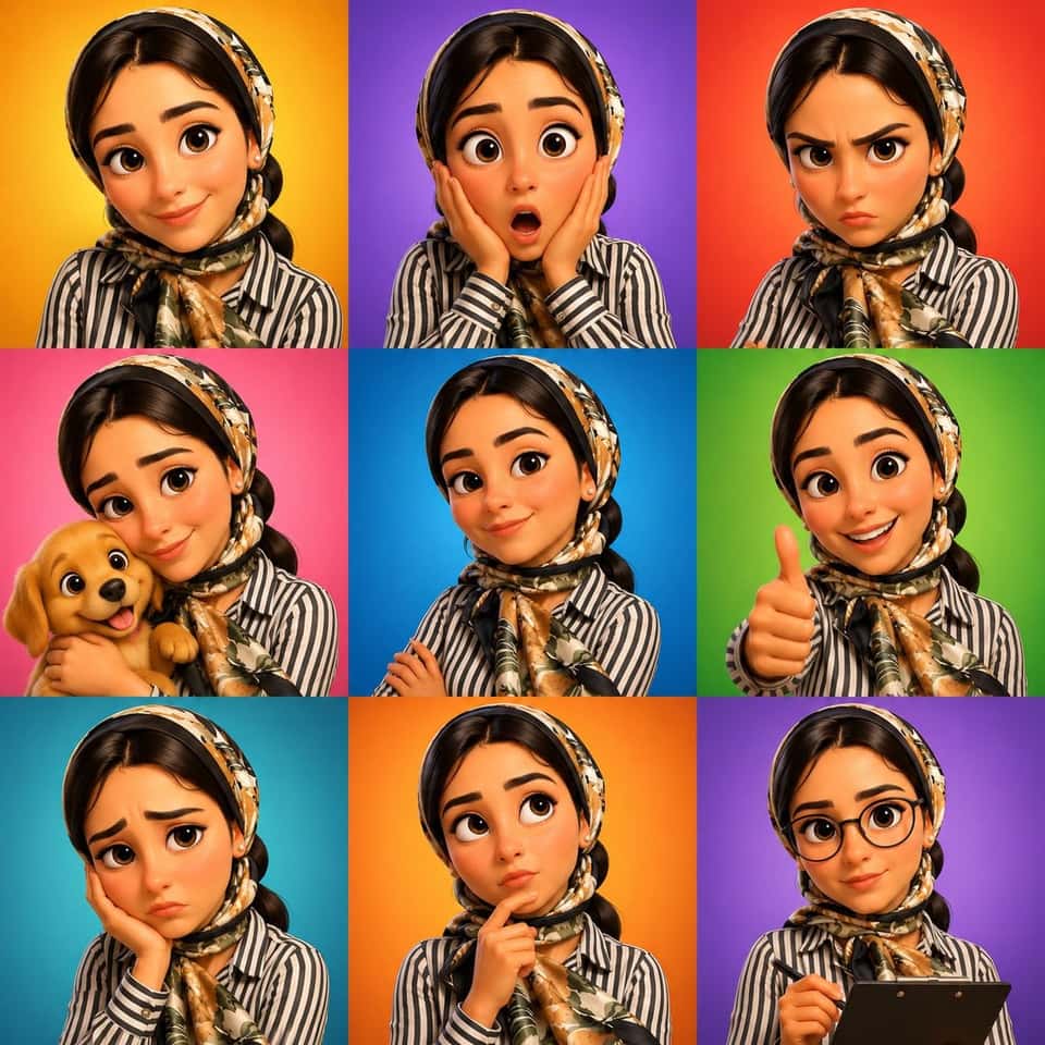 Pixar Style 3D Avatar Emotions Grid