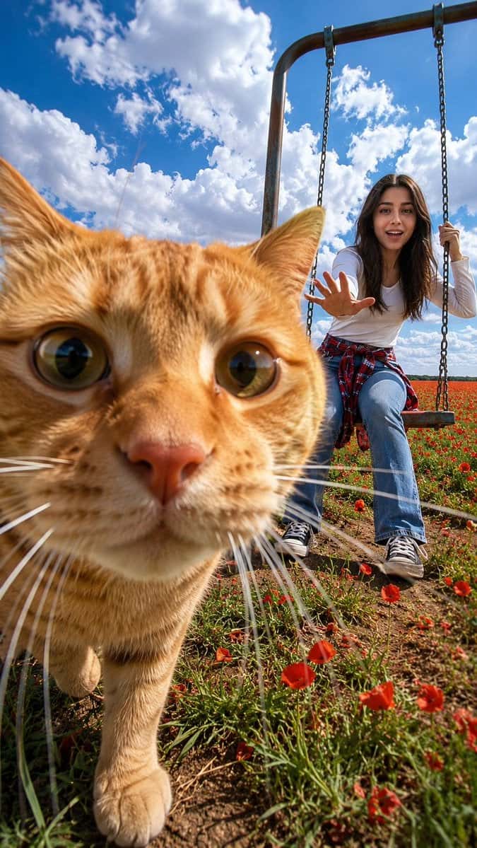 Realistic Cat Photo Ruined Woman Swing
