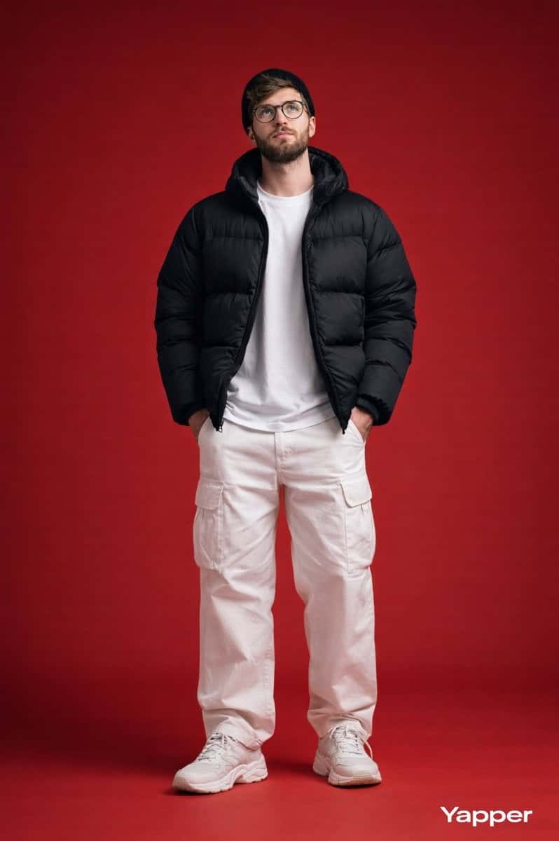 Realistic Fashion Portrait Studio Red Background