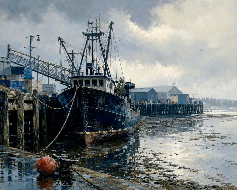 Realistic Fishing Boat Docked At Pier