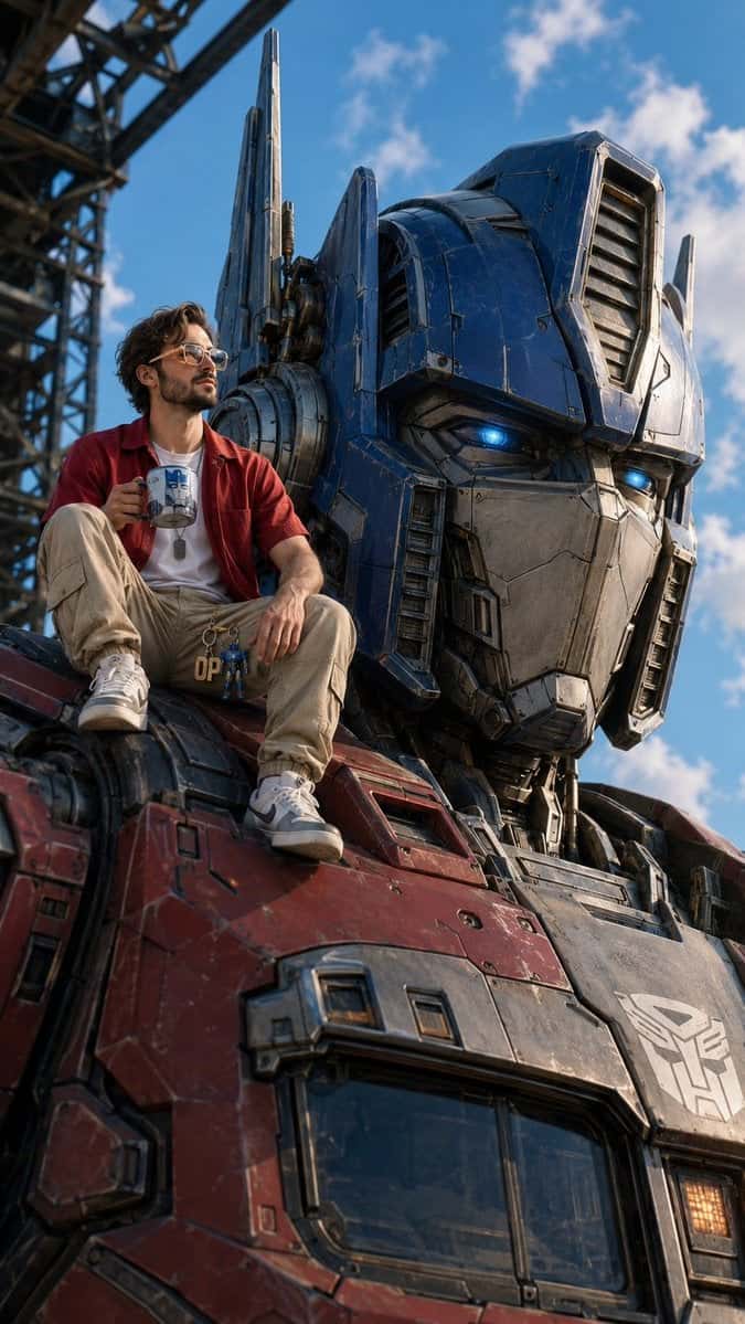 Realistic Optimus Prime Portrait with Man