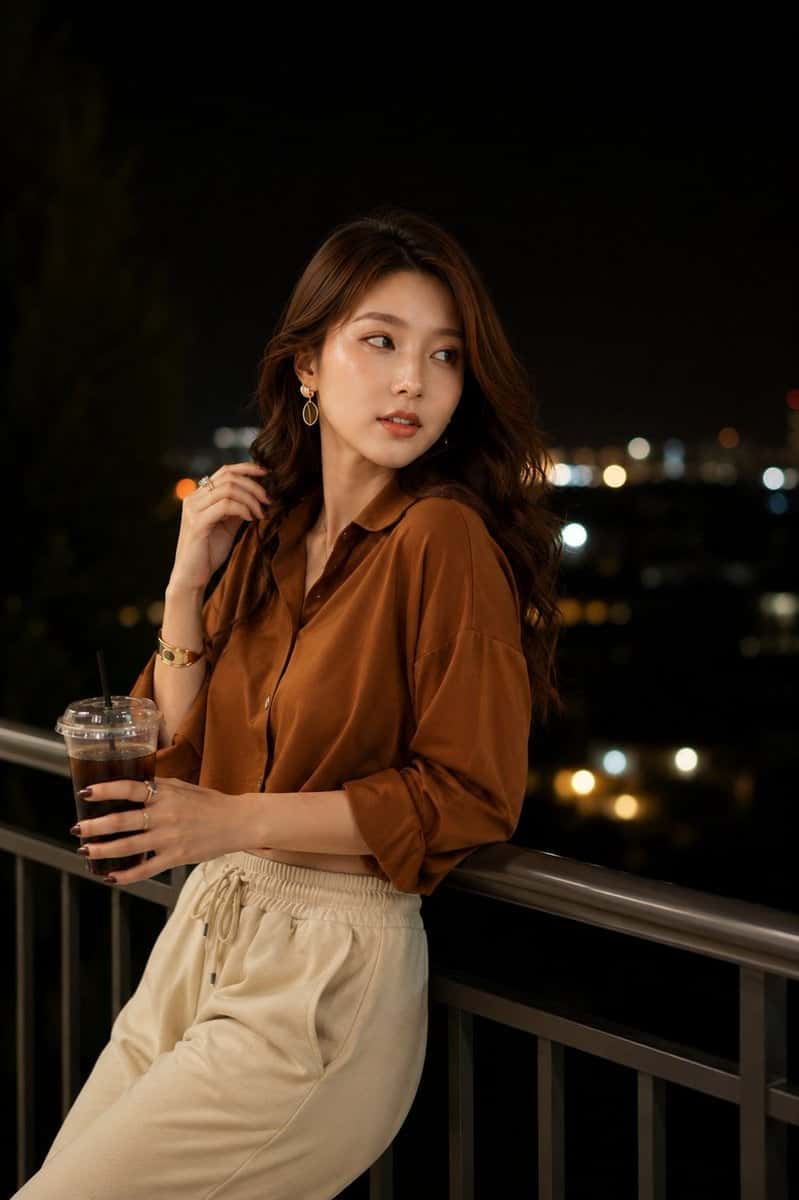 Realistic Woman Balcony City Night Fashion