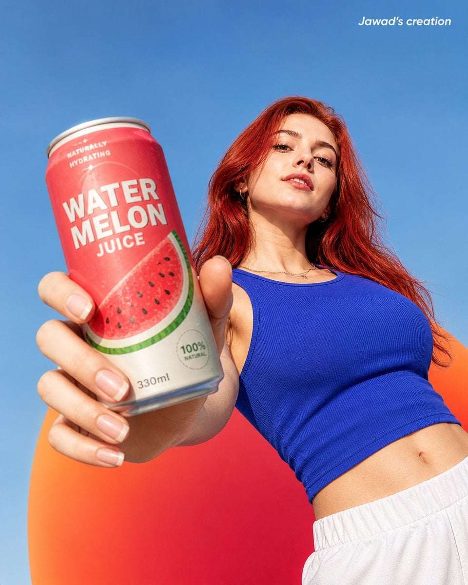 Realistic Woman Holding Watermelon Juice Can